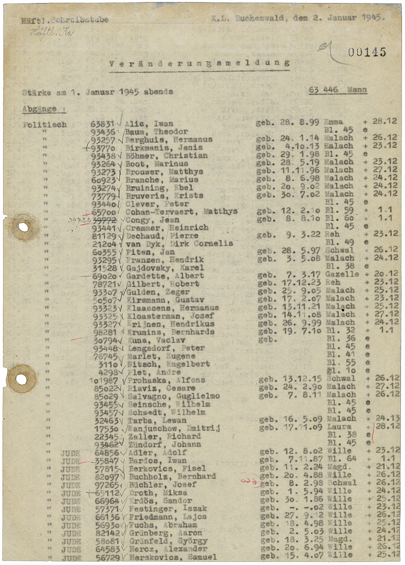 9Veränderungsmeldung vom 2.1.1945 im KZ Buchenwald ThHStAW, Konzentrationslager und Haftanstalten Buchenwald Nr. 4 Bd. 7 1Bl. 145r 96dpi