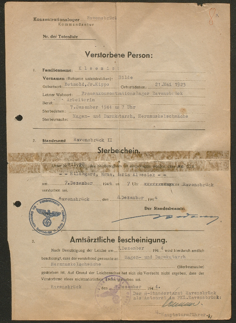 Sterbeurkunde für Hildegard Kleesiek, Konzentrationslager Ravensbrück, 08.12.1944  (LAV NRW OWL D 1 BEG Nr. 660)