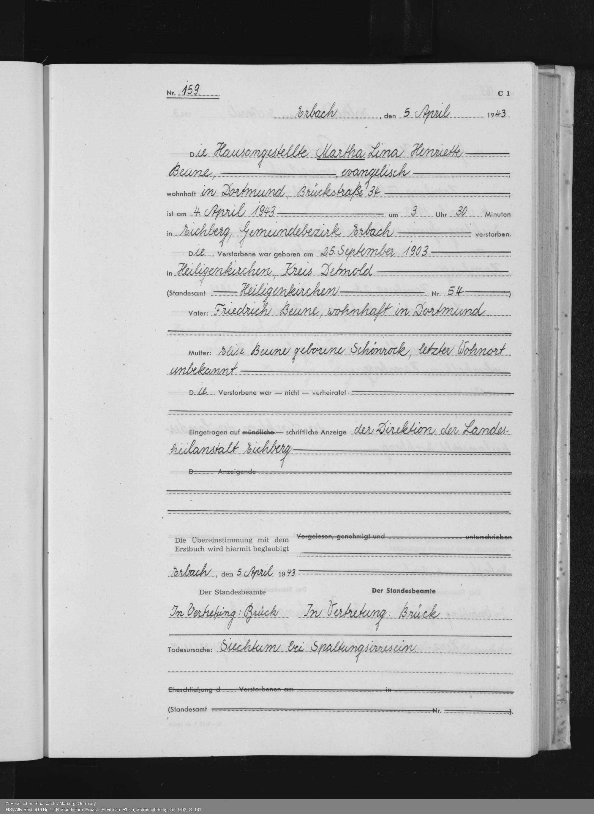 Sterbeurkunde für Martha Beune, Erbach 5. 04.1943 (Hess. Staatsarchiv Marburg Best. 919 Nr. 1204)