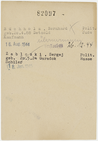 4Häftlingsnummernkarte von Bernhard Buchholz im KZ Buchenwald ThHStAW, KZ Buchenwald, Häftlingsnummernkarte 82097