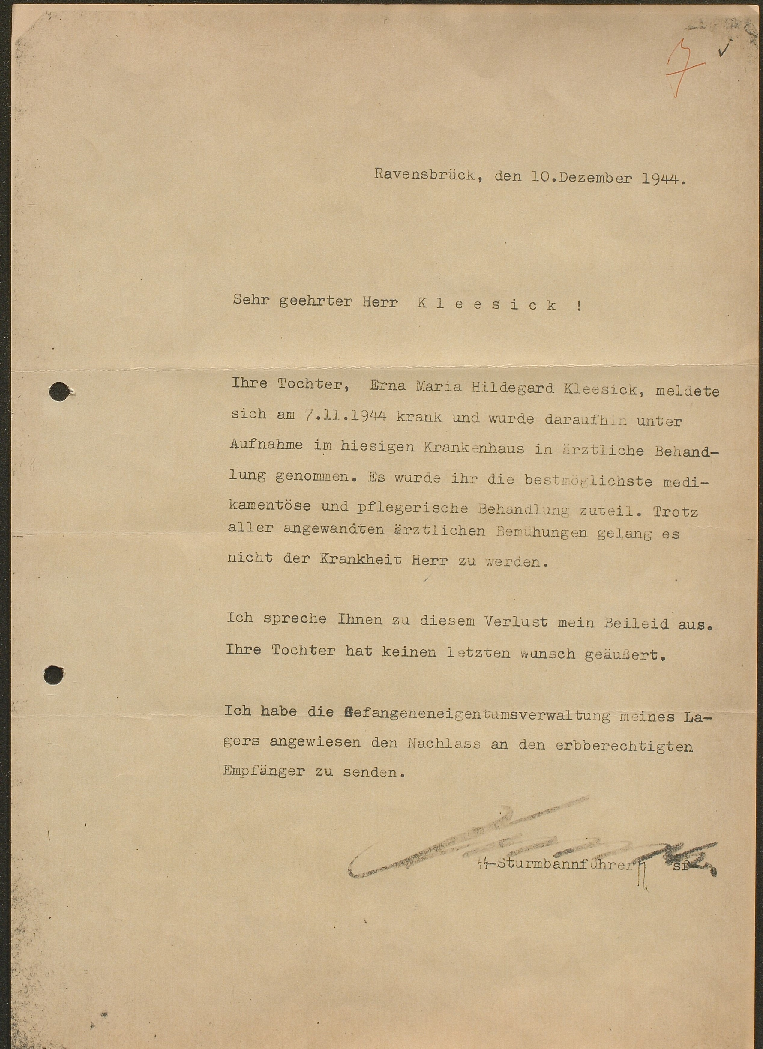 Beleidsschreiben an Karl Kleesiek aus dem Konzentrationslager Ravensbrück, 10.12.1944 (LAV NRW OWL D 1 BEG Nr. 660)