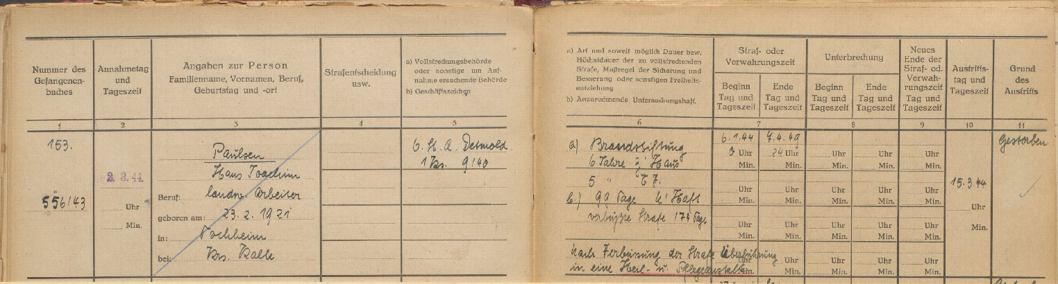 Eintrag für Hans-Joachim Paulsen im Gefangenenbuch des Arbeitshauses Vaihingen  (StAL E 188 b Bd 3)