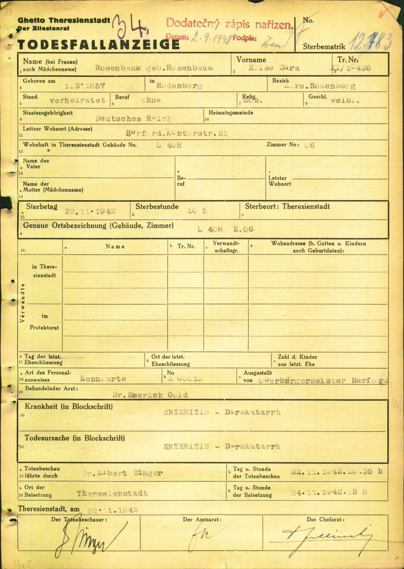 Todesfallanzeige für Elise Rosenbaum, Theresienstadt 22.11.1942 (Theresienstädter Initiative, Prag)